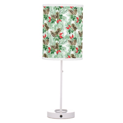 Christmas Pattern with Evergreens and Red Berries Table Lamp