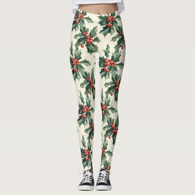 Christmas Pattern with Holly Leaves and Red Berry Leggings (Front)