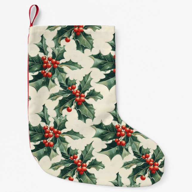 Christmas Pattern with Holly Leaves and Red Berry Small Christmas Stocking (Front)