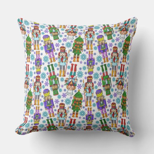 Christmas Pattern With Nutcracker And Snowflakes Outdoor Pillow
