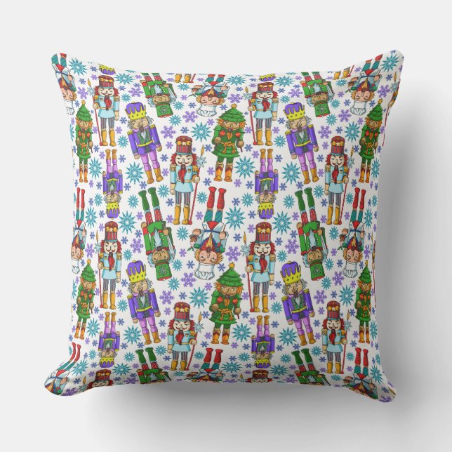 Christmas Pattern With Nutcracker And Snowflakes Outdoor Pillow (Front)