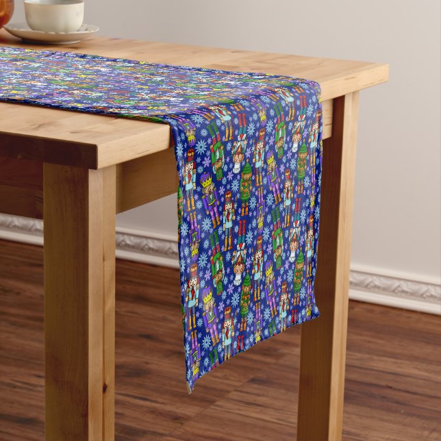 Christmas Pattern With Nutcracker And Snowflakes Short Table Runner (In Situ)