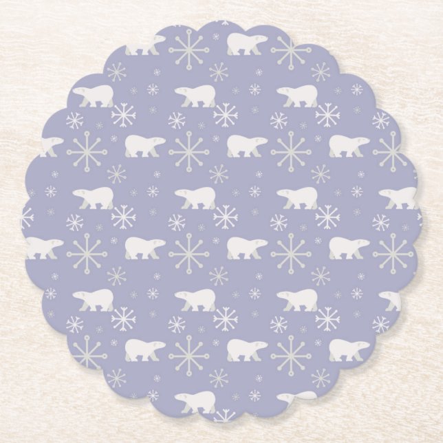 Christmas pattern with polar bears and snowflakes paper coaster (Front)