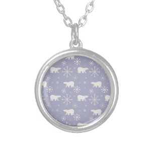 Christmas pattern with polar bears and snowflakes silver plated necklace