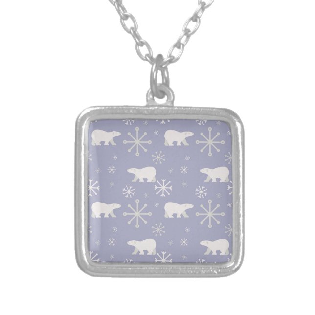 Christmas pattern with polar bears and snowflakes silver plated necklace (Front)