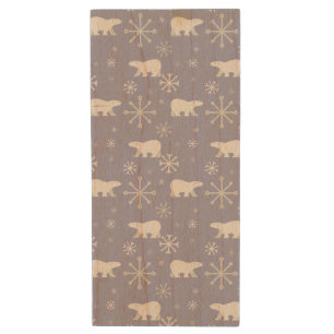 Christmas pattern with polar bears and snowflakes wood flash drive