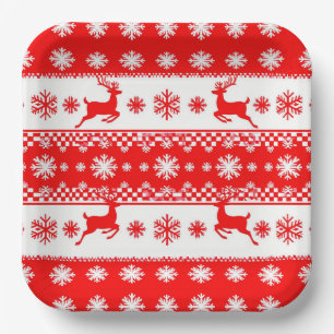 Christmas Pattern with Reindeer and Snowflakes Paper Plates