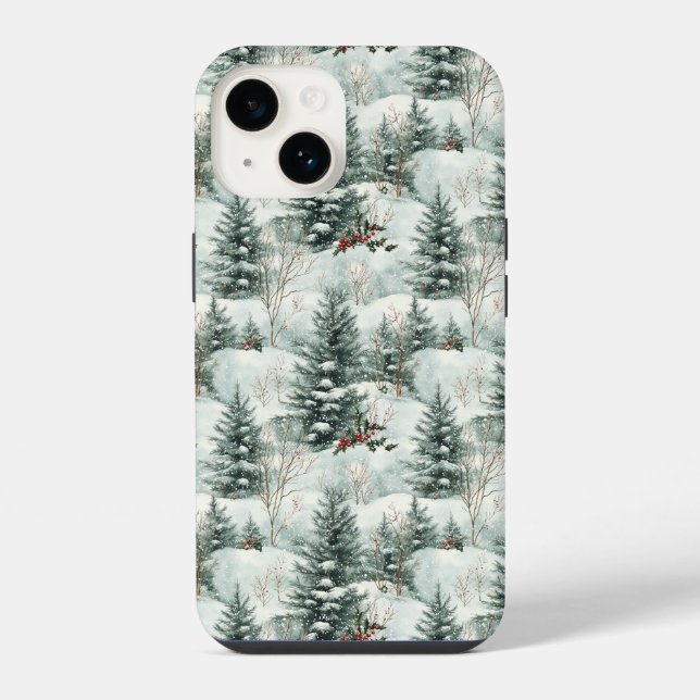 Christmas Pattern with Snowy Forest and Pine trees Iphone Case (Back)