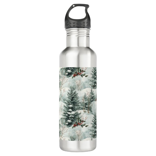 Christmas Pattern with Snowy Forest and Pine trees Stainless Steel Water Bottle (Front)