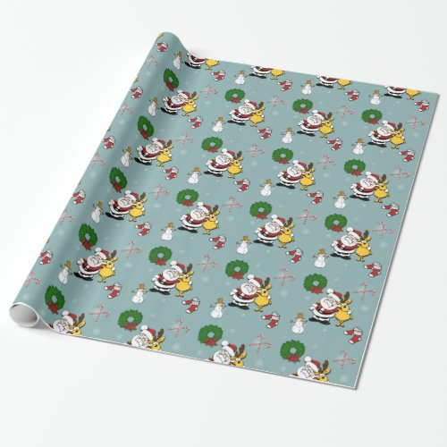 Christmas Pattern Wrapping Paper - Cute Santa Claus and Reindeer, Christmas Wreath, Candy Cane, Stocking, Snowman, Snowflake pattern xmas design.