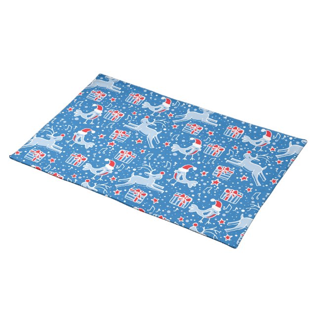 Christmas patterned blue animal canvas placemat (On Table)