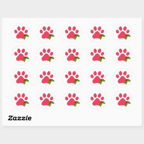 Christmas Paw Prints Holly Holiday Pets Fun Classic Round Sticker