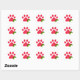 Christmas Paw Prints Holly Holiday Pets Fun Classic Round Sticker