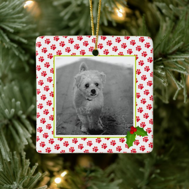 Christmas Paw Prints PET PHOTO Best Dog Ever NAME Ceramic Ornament (Tree)