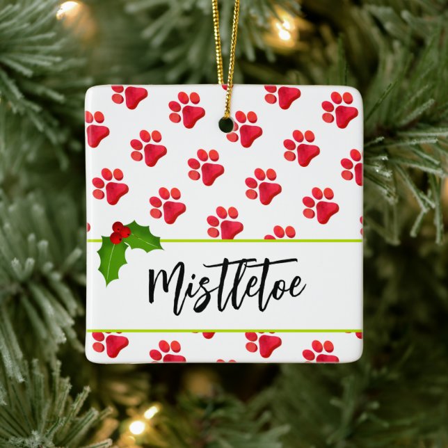 Christmas Paw Prints Red PET NAME Holiday Fun Ceramic Ornament (Tree)