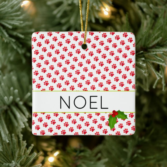 Christmas Paw Prints Red PET NAME PHOTO Holiday Ceramic Ornament (Tree)