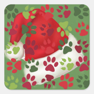 Christmas Paw Prints with Santa Hat Square Sticker