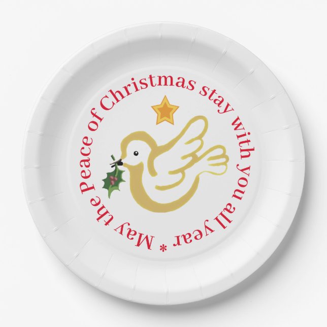 Christmas Peace dove with holly Paper Plates (Front)