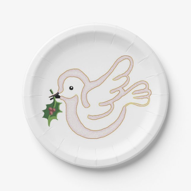 Christmas peace dove with holly paper plates (Front)