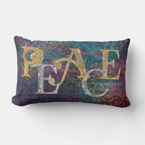 Christmas Peace Gold n Silver Peacock Colors Name Lumbar Pillow