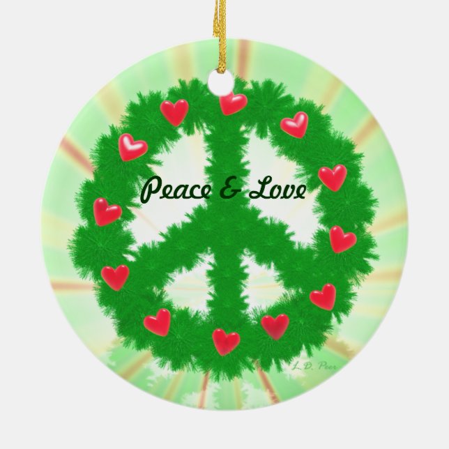 Christmas Peace Hearts Wreath Ceramic Ornament (Back)