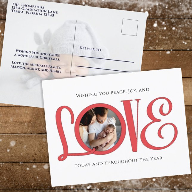 Christmas Peace Joy and Love Cute Modern Two Photo Holiday Postcard (Creator Uploaded)