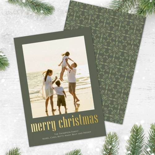 Christmas Peace Joy Love Green Snowflake 1 Photo Foil Holiday Card