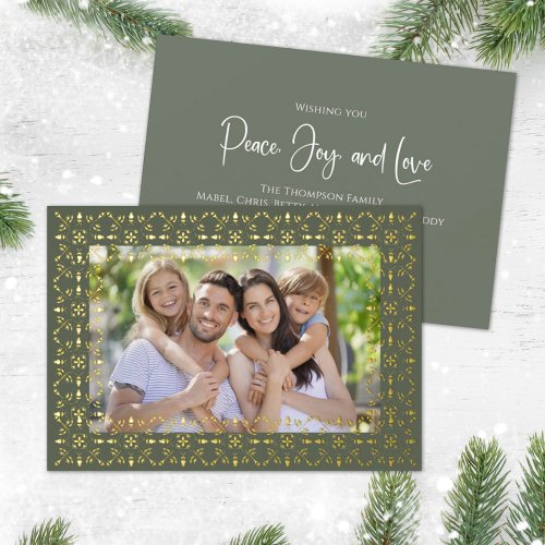 Christmas Peace Joy Love Green Snowflake 1 Photo Foil Holiday Card