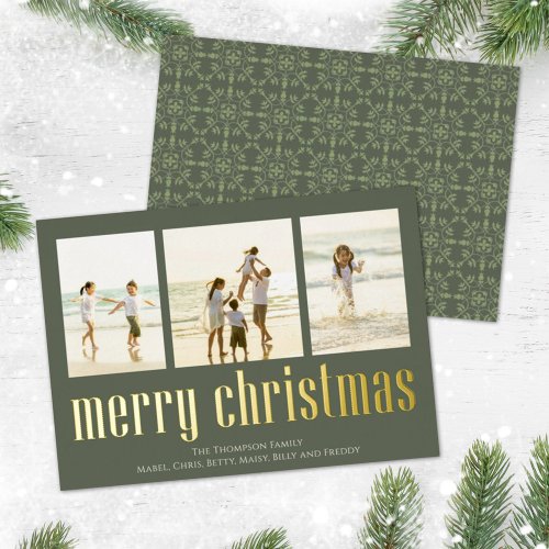 Christmas Peace Joy Love Green Snowflake 3 Photo Foil Holiday Card