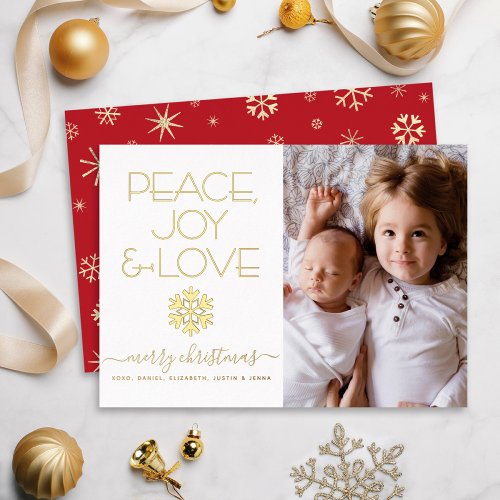 Christmas Peace Joy Love Photo Snowflake Real Gold Foil Holiday Card