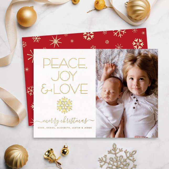 Christmas Peace Joy Love Photo Snowflake Real Gold Foil Holiday Card (Creator Uploaded)