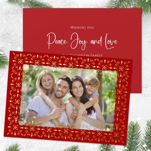 Christmas Peace Joy Love Red Snowflake 1 Photo Foil Holiday Card
