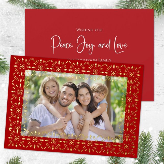 Christmas Peace Joy Love Red Snowflake 1 Photo Foil Holiday Card (Creator Uploaded)