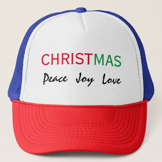 CHRISTMAS PEACE JOY LOVE TYPOGRAPHY TRUCKER HAT (Front)
