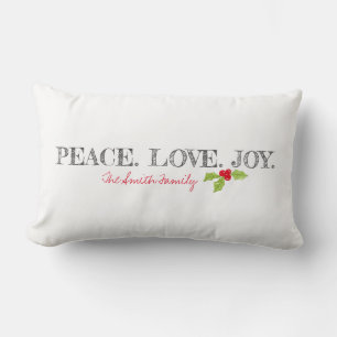 Christmas PEACE. LOVE. JOY. Family NAME Holly Lumbar Pillow
