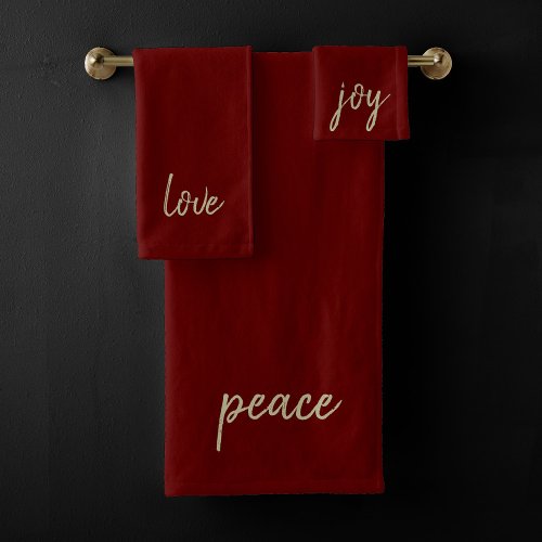 Christmas Peace Love Joy  Gold Festive Dark Red Bath Towel Set