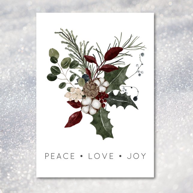 Christmas Peace Love Rustic Minimal Holly Greenery Holiday Card (Christmas Peace Love Rustic Minimal Holly Greenery Holiday Card)