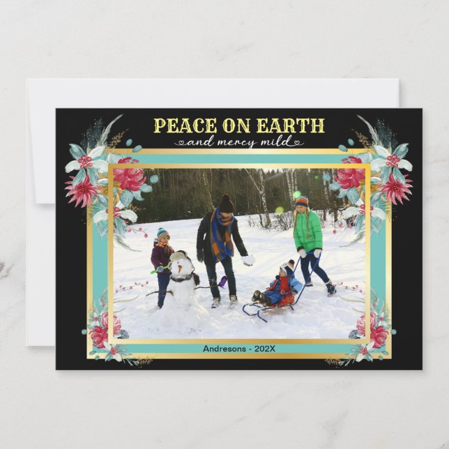 Christmas Peace on Earth Floral Family Photo Invitation (Front)