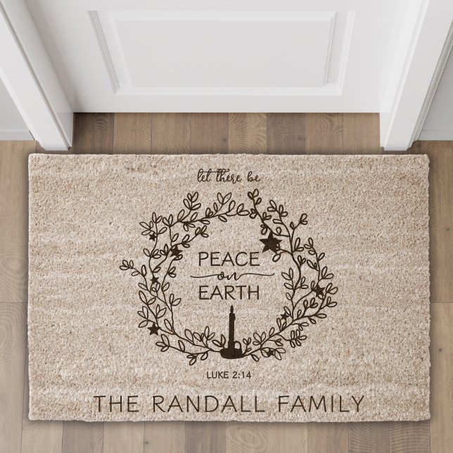 Christmas Peace on Earth  Hand Drawn Wreath Black Fiber Doormat (Personalized with family name, welcoming guests with faith and Christmas cheer.)