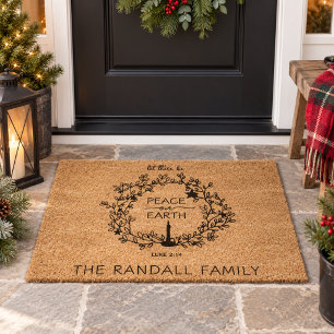 Christmas Peace on Earth Hand Drawn Wreath Black Fiber Doormat