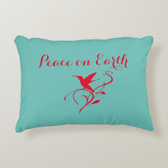 Christmas Peace on Earth Hummingbird Red & Teal Accent Pillow (Front)