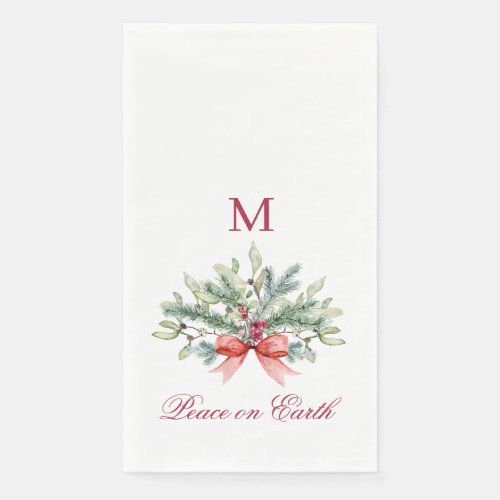 Christmas Peace on Earth Red Monogram Greenery Paper Guest Towels