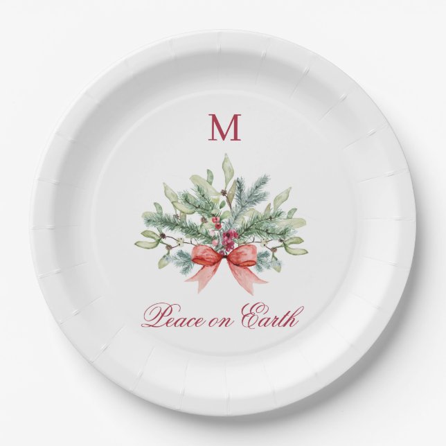 Christmas Peace on Earth Red Monogram Greenery Paper Plates (Front)