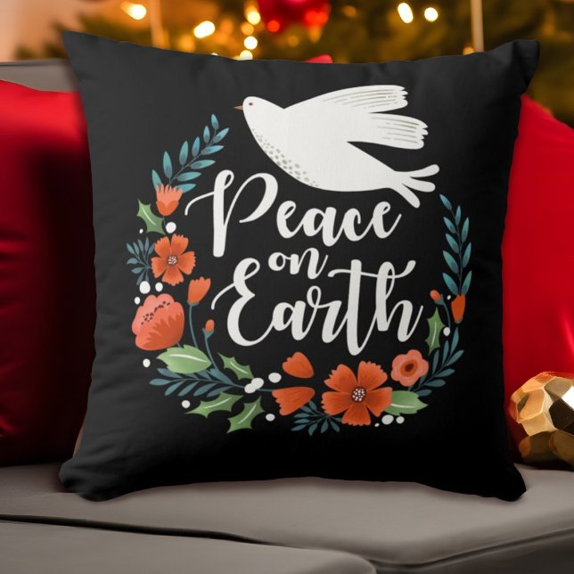 Christmas Peace on earth Throw Pillow (An elegant Christma s pillow featuring the words, peace on earth, and a dove)