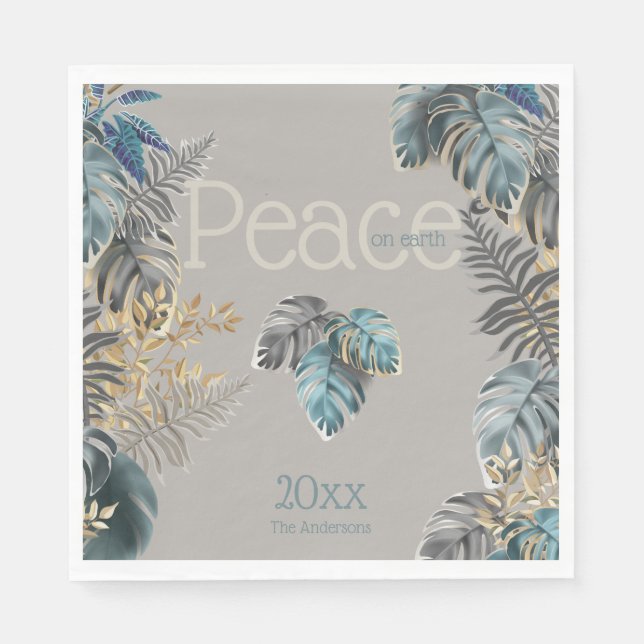 Christmas Peace on Earth Tropical Blue Foliage Napkins (Front)