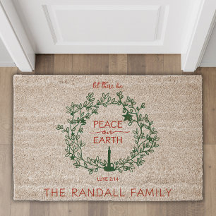 Christmas Peace on Earth Verse Hand Drawn Wreath Fiber Doormat