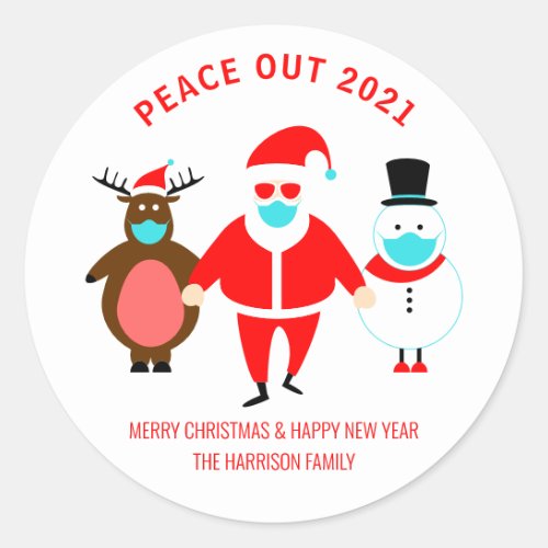 Christmas Peace Out 2021 Santa Face Mask Classic Round Sticker