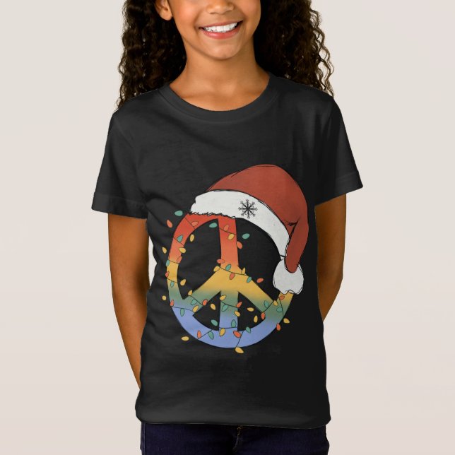 Christmas Peace Sign Santa Hat Peace Christmas T-Shirt (Front)