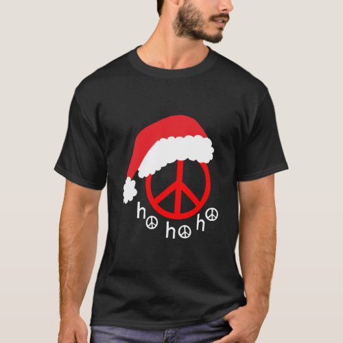 Christmas Peace Sign Symbol Red With Santa Hat T_Shirt