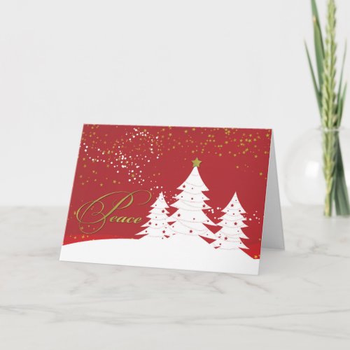 Christmas Peace White Trees on Red with Gold Look Card